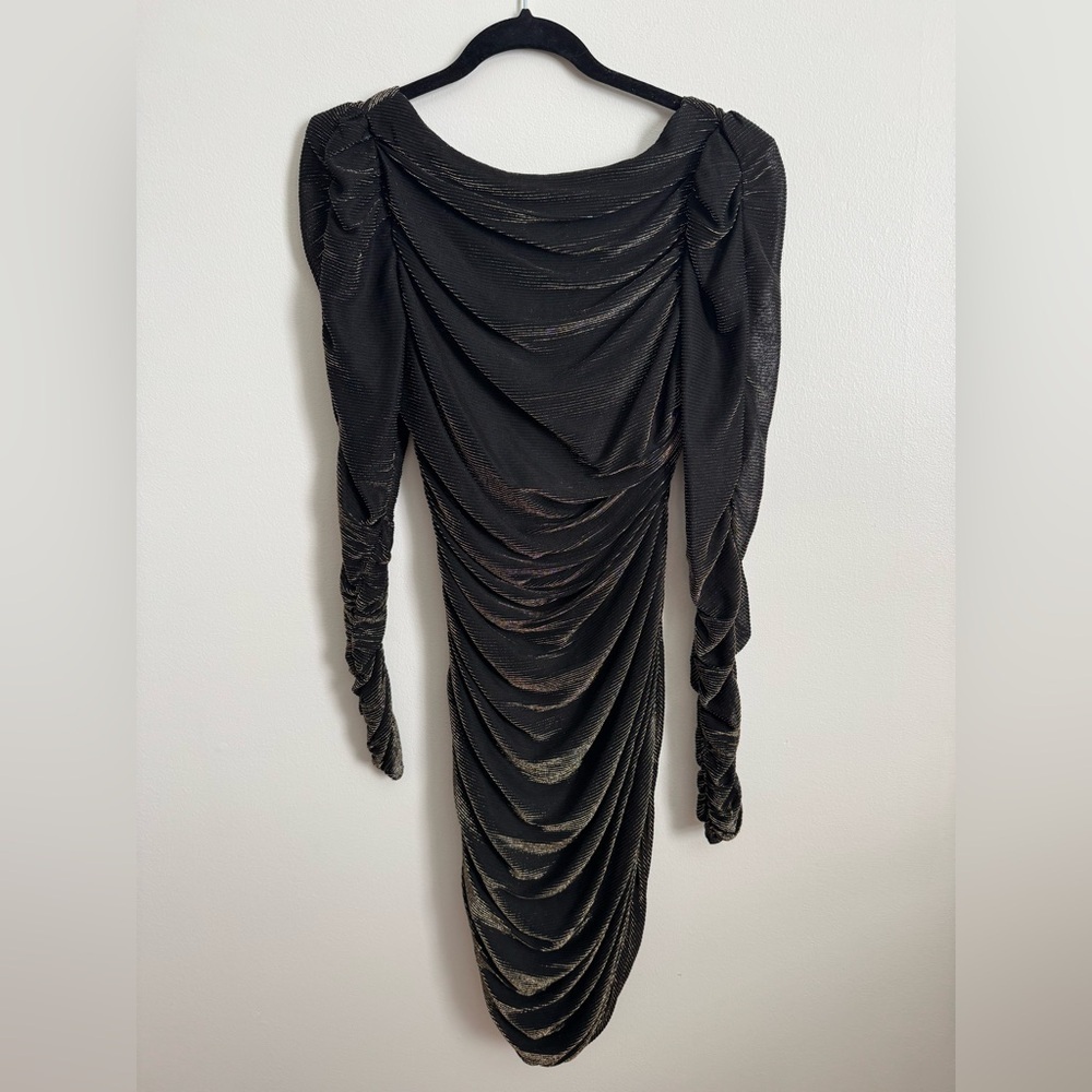 Vintage 80s Scarlett Ruched Black Gold Metallic Mini Dress Long Sleeve Size 5/6 - Picture 3 of 12